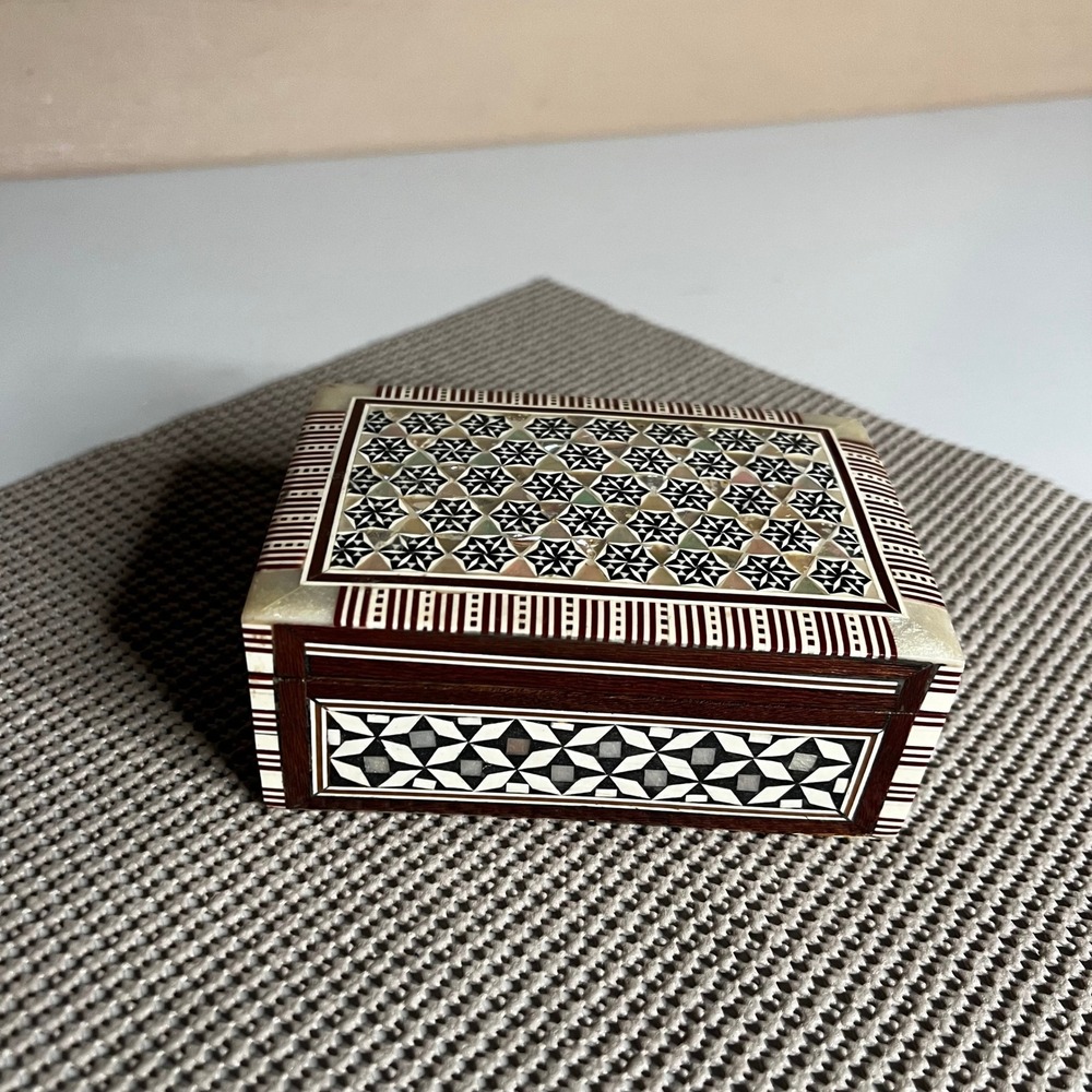 Vintage Egyptian Marquetry Jewelry Box Mother of Pearl Inlay Wood Trinket 1970s